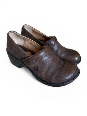 Born Leather Clogs Slip On Mules Brown Comfort Shoes Low Heel Size 6